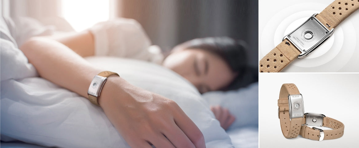Woman sleeping while wearing her natural frequency technology sleep bracelet