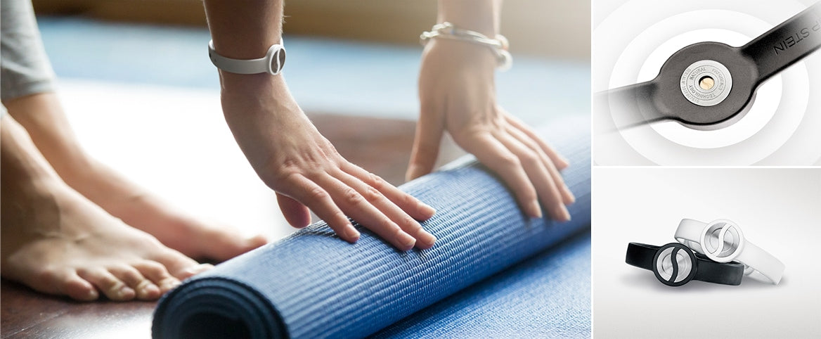 Woman unrolling a yoga mat while wearing a sport bracelet. The back of a sport bracelet. The black and white sport bracelets.