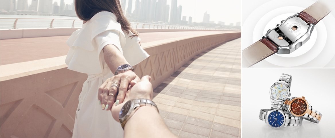 Two people holding hands wearing watches, the back of a natural frequency technology watch, and three watches stacked